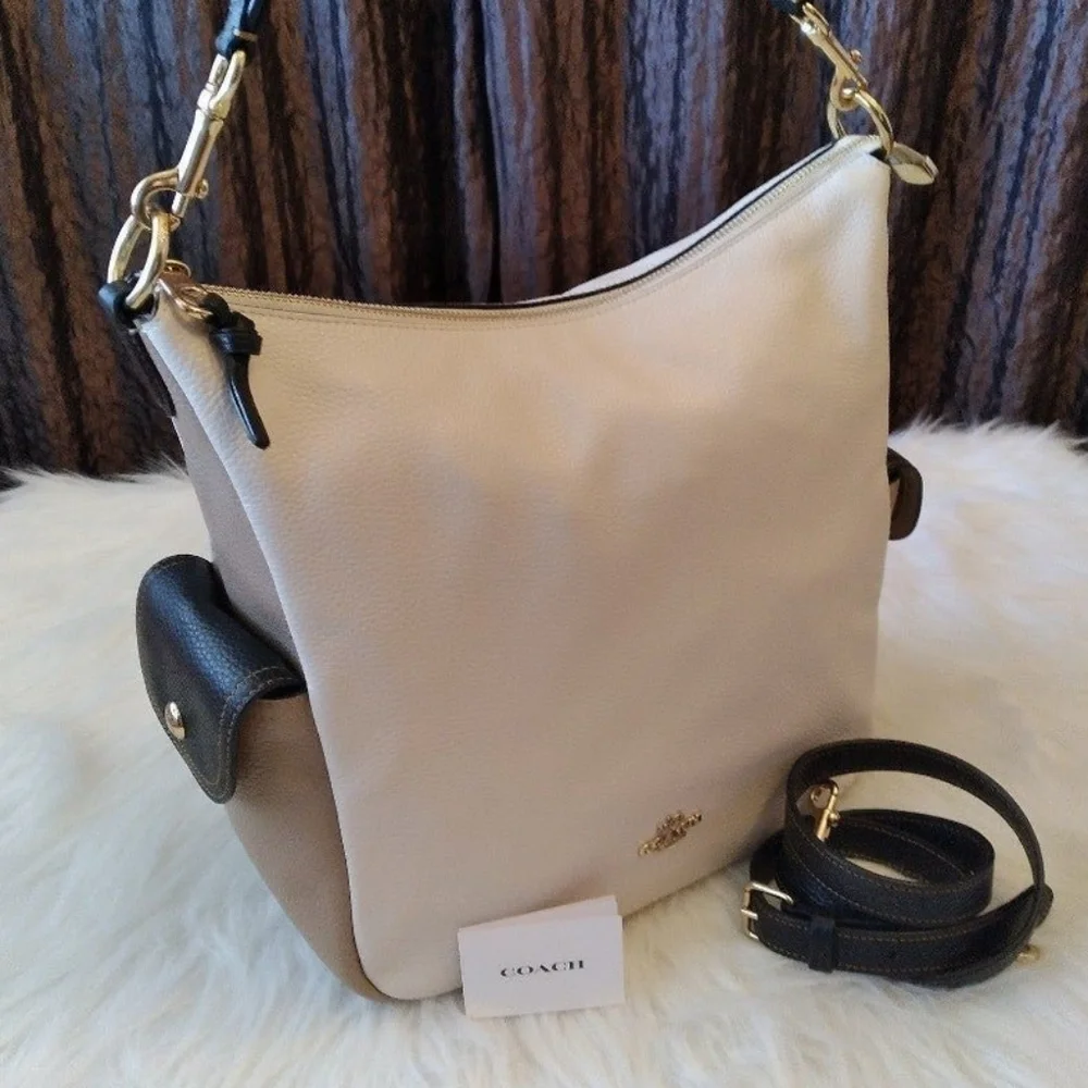 COACH HOBO BAG LARGE SLOUCHY Colorblock Tan Black Chalk Crossbody Shoulder Bag